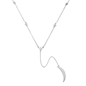 Star and Moon Silver Lariat Necklace
